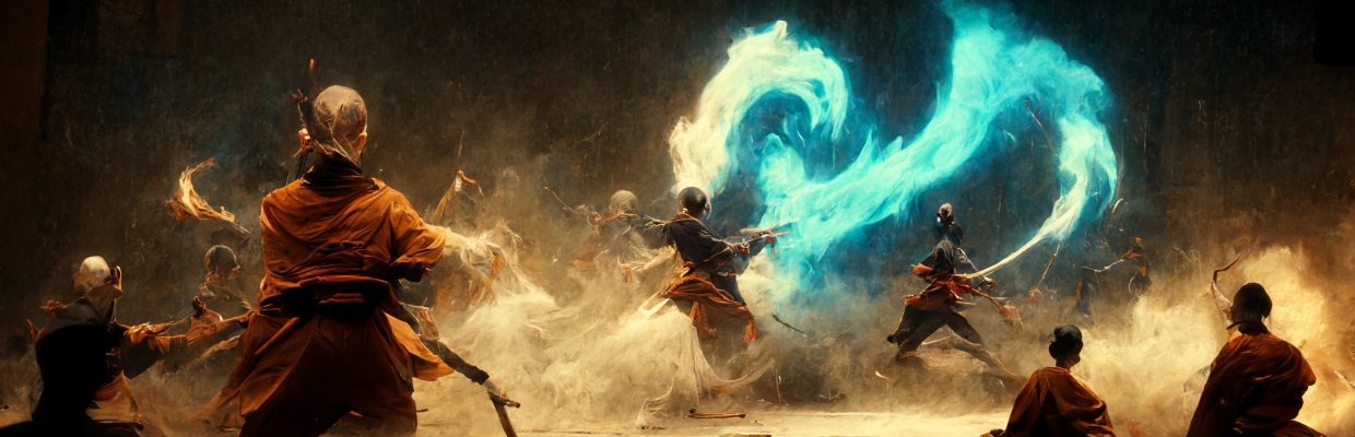 monks clashing with blue and yellow fire in a dramatic combat scene, abstract styling