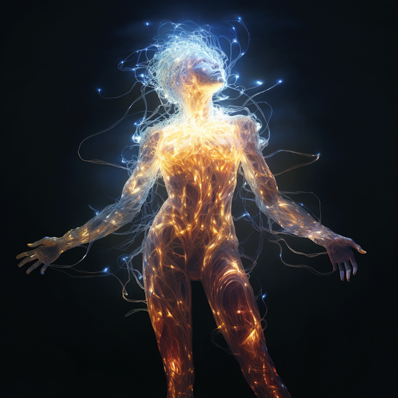 A body of stars and connective light in the shape of a woman