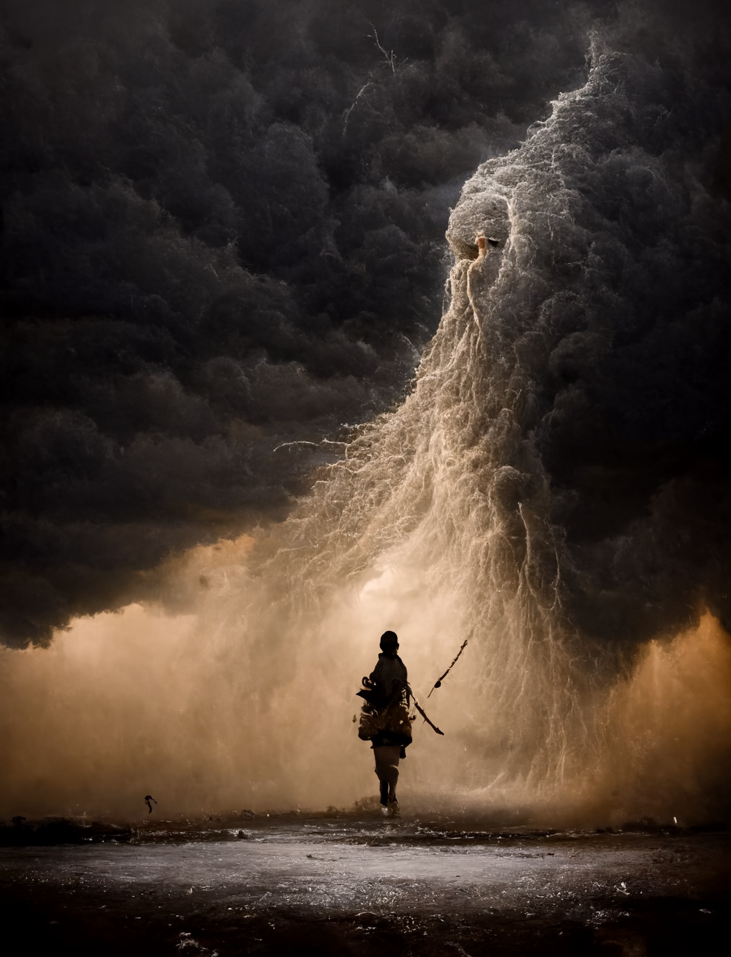 a silhouette walks under a dark storm