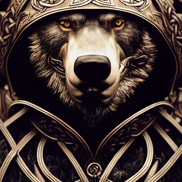 an close up portrait of an armored bear stares with determination