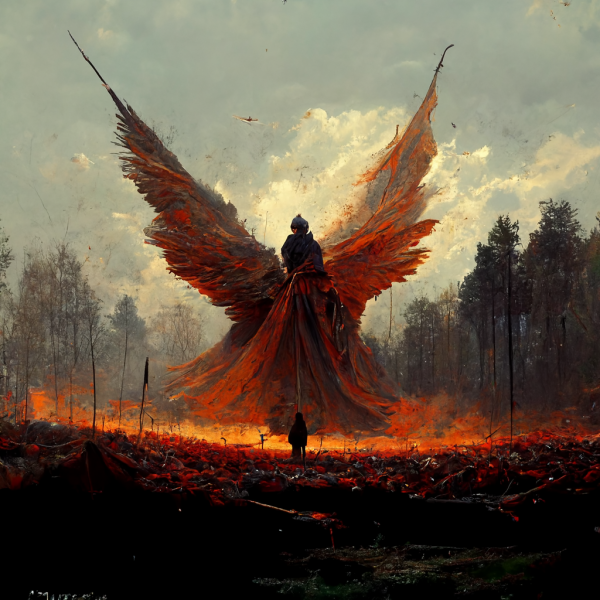 an angel with red wings hovers above a fiery battlefield