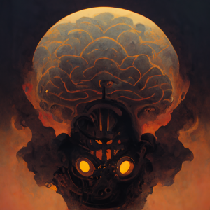 a head with glowing orange eyes and a clear skull with the brain visible