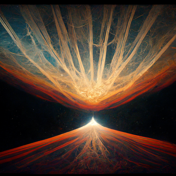 many streams of orange blue and white light converge on a single point before spreading out again