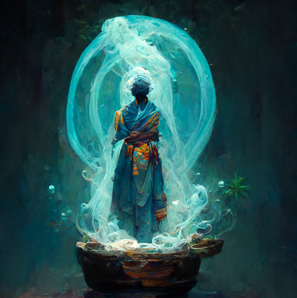 A hydromancer draws water out of a well, while standing on the water's surface