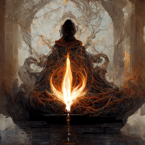 a smokey silhouette with a trident of flames at its center