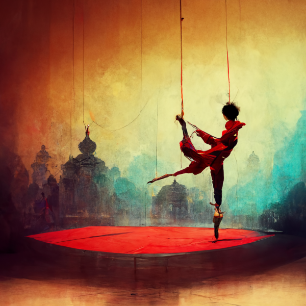 a circus performer contorts their body in a graceful pirouette