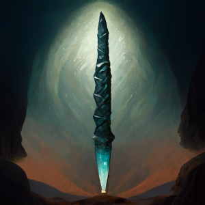 a massive stone spear with a glowing blue tip hovers in an underground cave