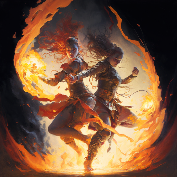 two pyromancers spar in a dance of fiery blasts