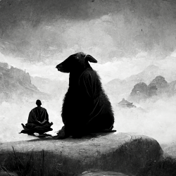 a human and animal sitting on a rock together, black and white