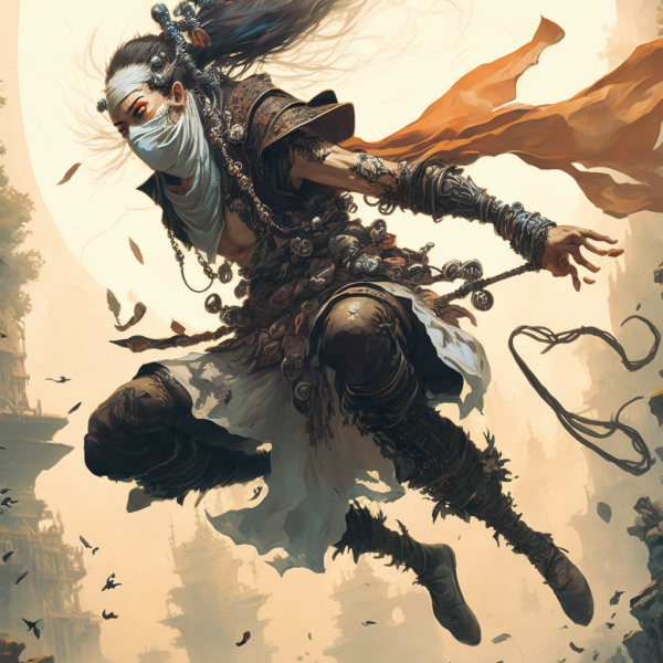 a warrior jumping through the air
