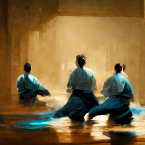 three artists practice in a dojo