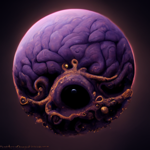a purple mind with gold tentacles latched onto it