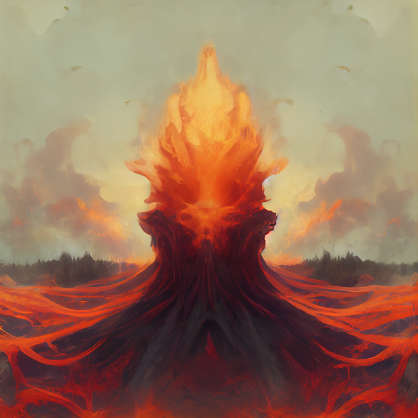 a wave of red energy converges on a single point, explosing into an upward jet of flames