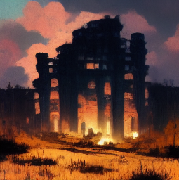 a burned out ruins, still aflame
