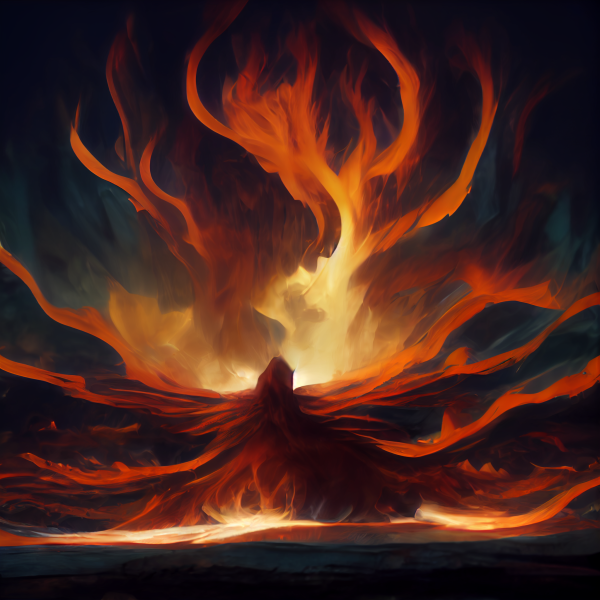 a figure emanates fire in a swirling vortex