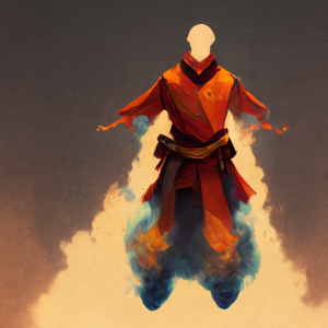 a pyromancer flys hovers, emitting a column of flames and smoke