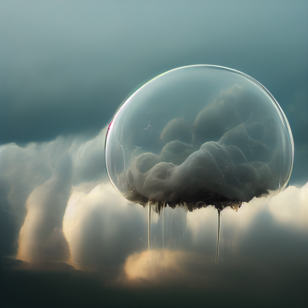 a deformed bubble in the sky with clouds inside it