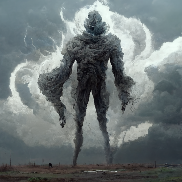 a colossal humanoid tornado stands among dark rain clouds