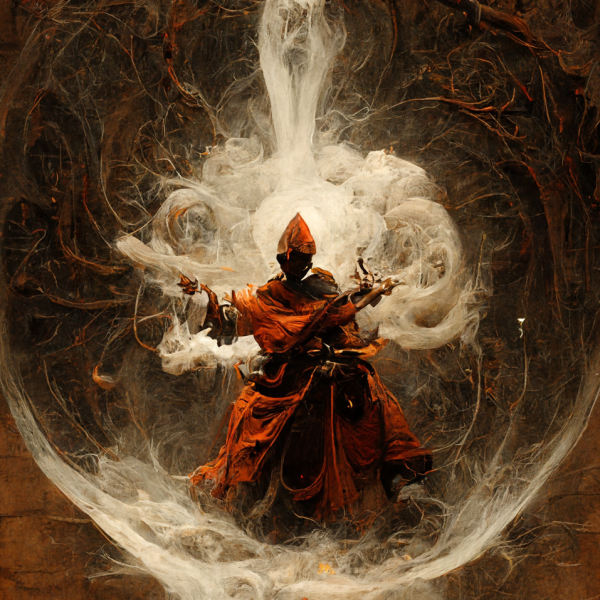 a monk steps through a swirling smoke