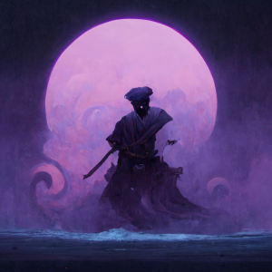 a warrior standing in purple mists