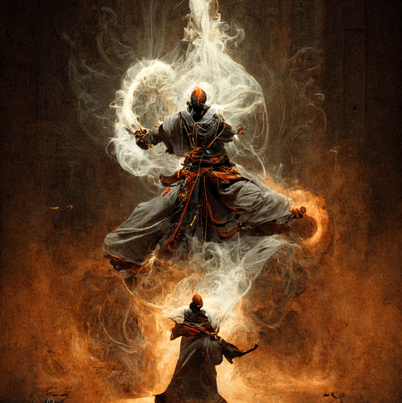a hyper realistic monk jumps toward the camera, out of a swirling smoke