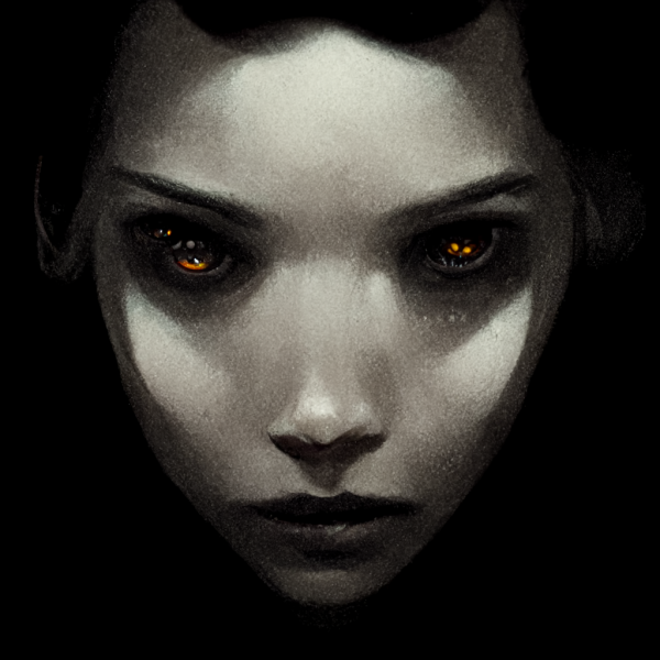 a menacing face with glowing yellow eyes protrudes from the darkness