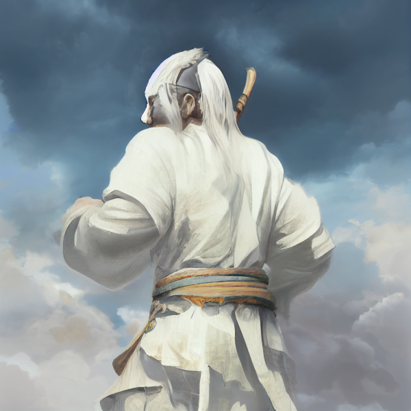 a warrior in white robes with raised fists