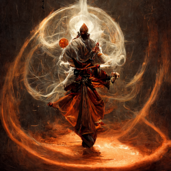a monk expelling smoky energy in a swirling white and orange burst, vibrant colors