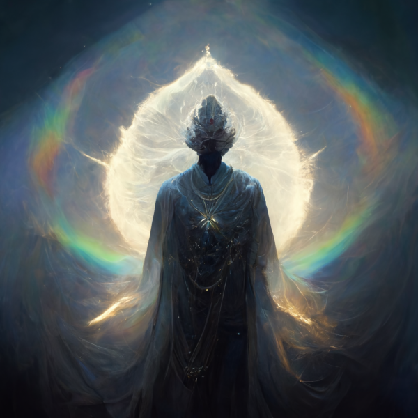 a prismatic flare of light surrounds a silhouette