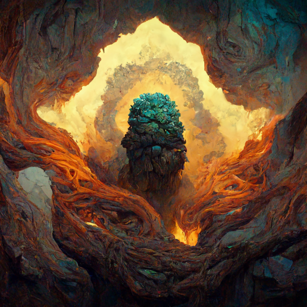 a forest egg surrounded by a flowing earth cave