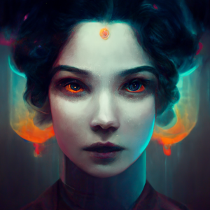 woman with pale blue skin and red eyes, with bright red earrings, blue uplighting