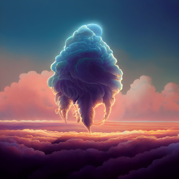 a swirling cloud of purple and blue above sunset clouds