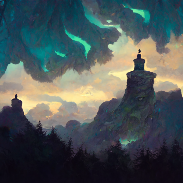 a monk sits on a ridge overlooking a forest, a temple, and a stormy sky