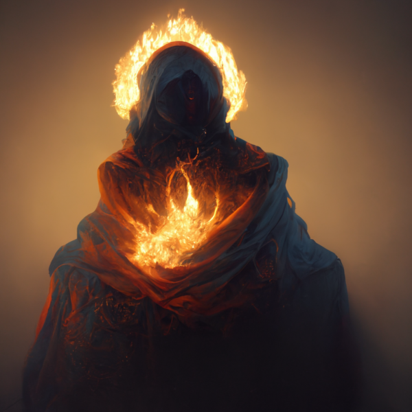 A robed saint with a halo of fire holds a flame within the folds of their robe, over their heart