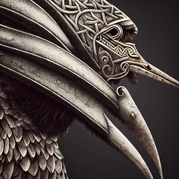 A close up side-profile portrait of an armored crane