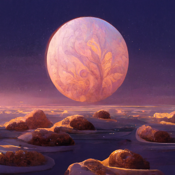 a planet hangs above a dreamlike ocean