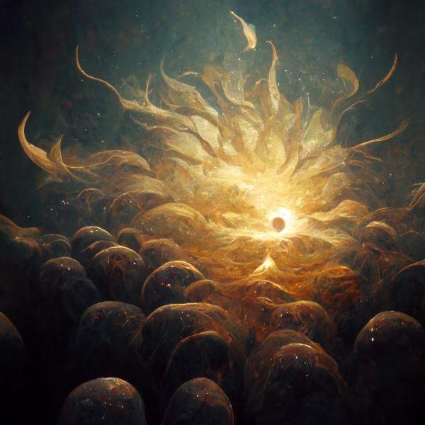 a golden fire of energy burns among a field of spherical stones
