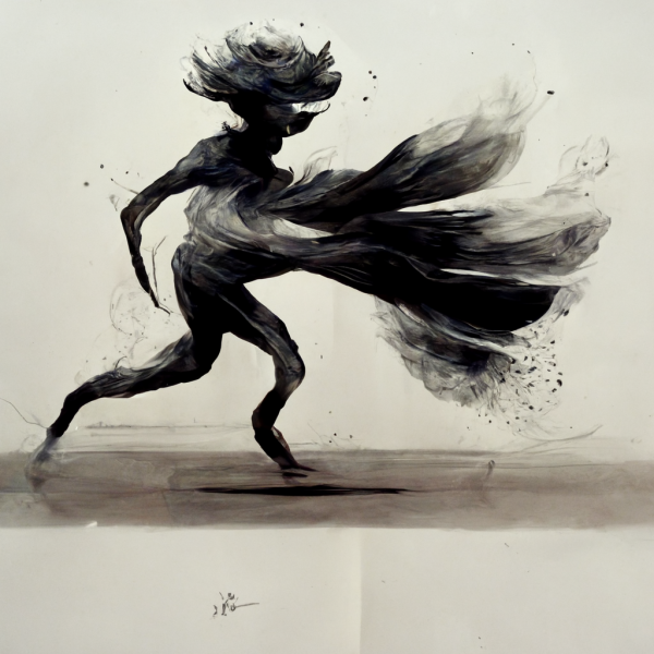 a ink drawing of a creature jumping back, leaving trails of ink