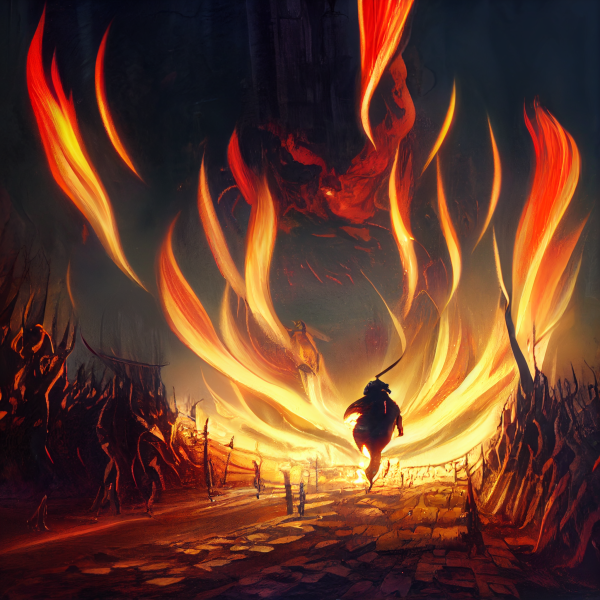 a silhouette sprints toward the viewer, trailed by flames spreading out behind them