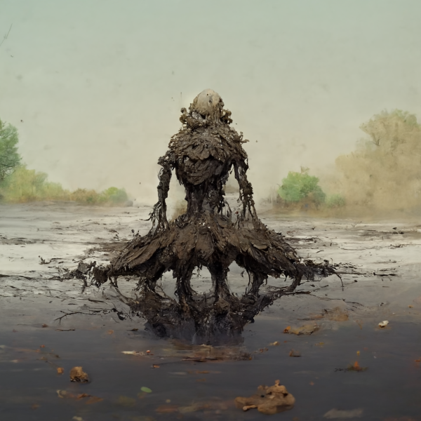 a mud golem rises out of a swamp of mud