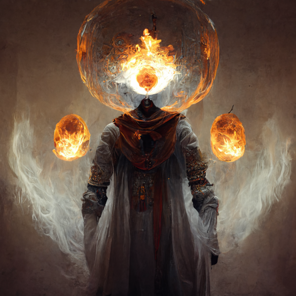 a pyromancer with a fiery orb for a head is orbited by orbs of flame