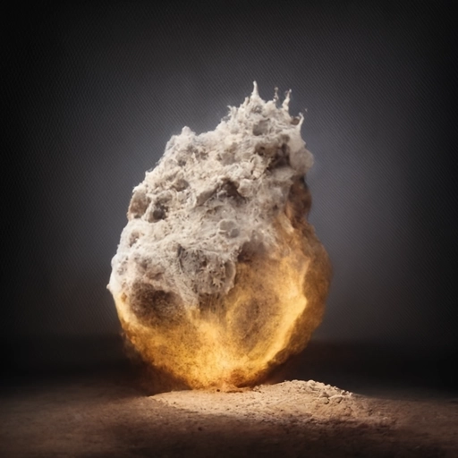 a stone exploding into dust, with fire developing on the bottom of the stone