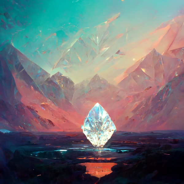 a diamond rests on the surface of a mountain lake at sunset