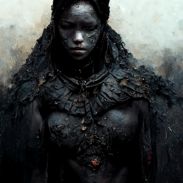 a warrior dressed in black, burned by fire