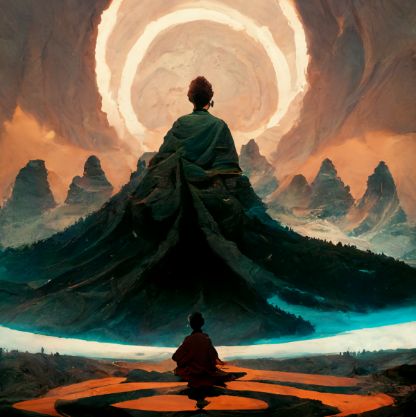 a cleromancer sits at the base of living mountain, receiving enlightenment