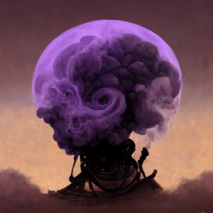 a dark purple creature with a large head, with purple mists surrounding its brain