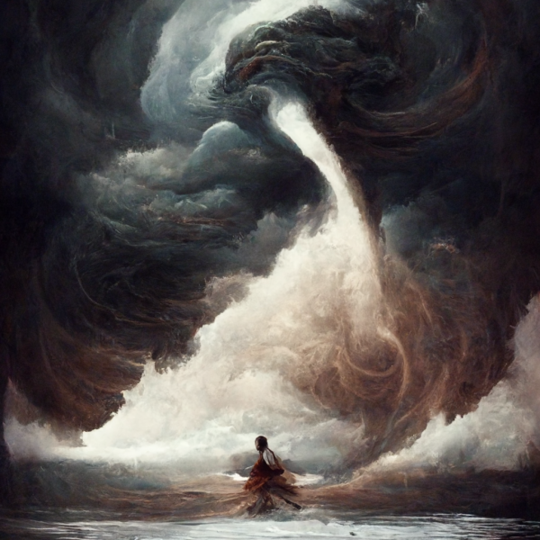 an aeromancer pulls a stormy sky down toward themselves