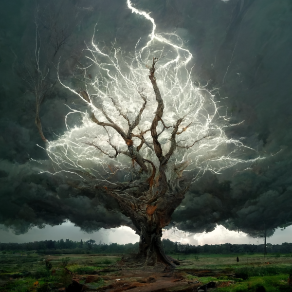 a tree with lightning branches, and stormcloud leaves