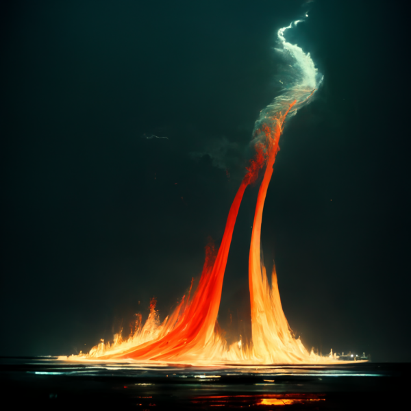 a tornado of fire swirls up into the sky