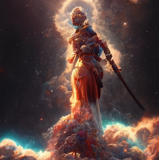 a surreal woman walks through the stars